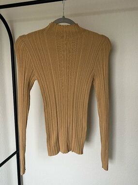 LOEFFLER RANDALL | Crinkle Ribbed Mock Neck Long Sleeve Top in Tan | Size Small